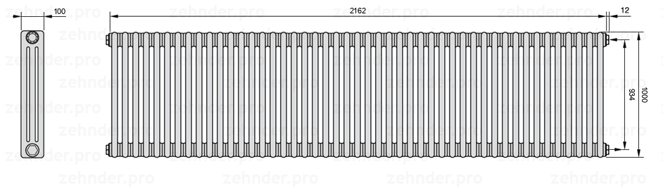 Схема (чертеж) Радиатор Zehnder Charleston 3100/47 №7610 Белый глянцевый RAL 9016